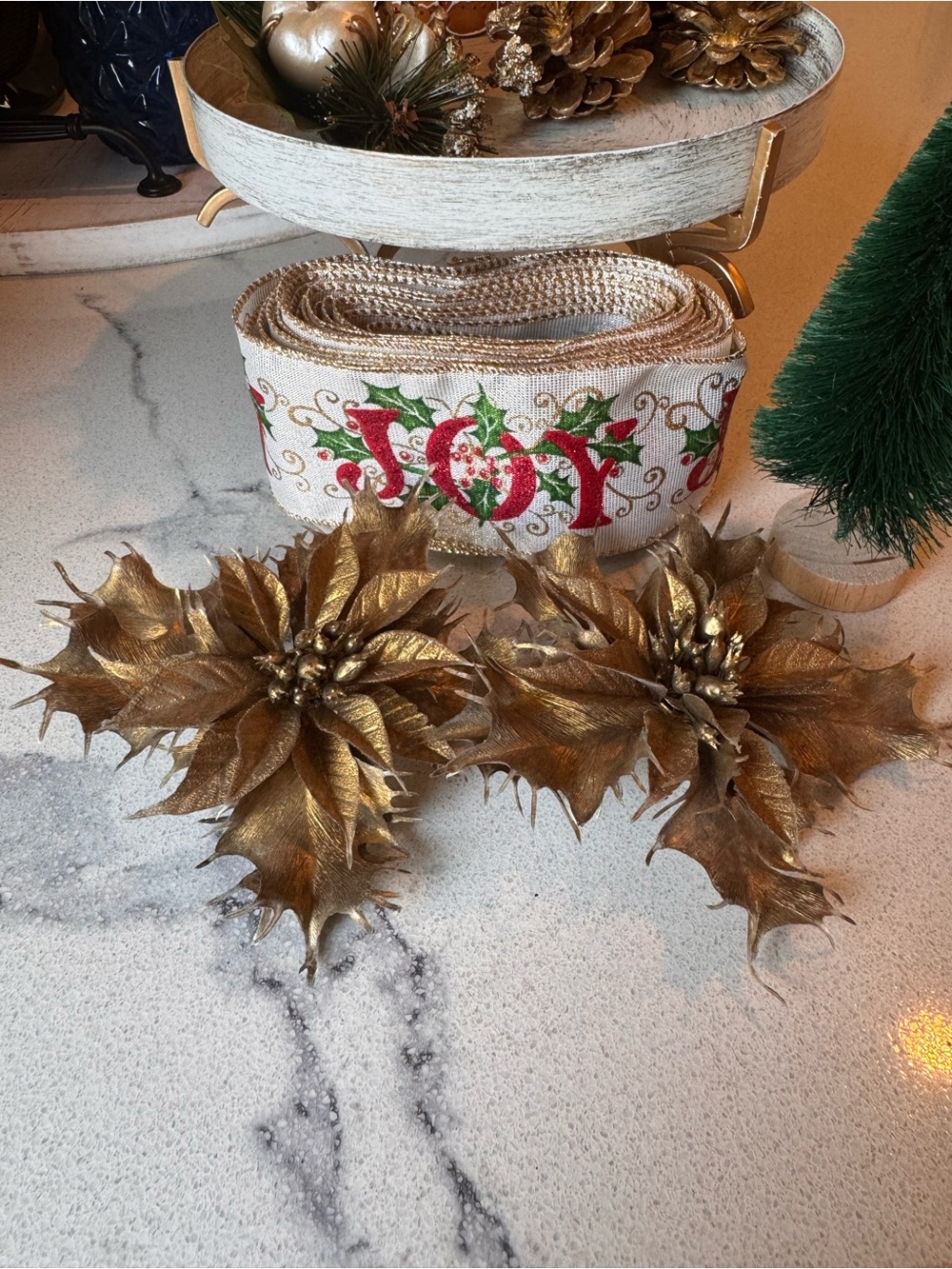 VTG MCM Gold Poinsettia Floral Picks & Wired "Joy" Ribbon Set - Christmas